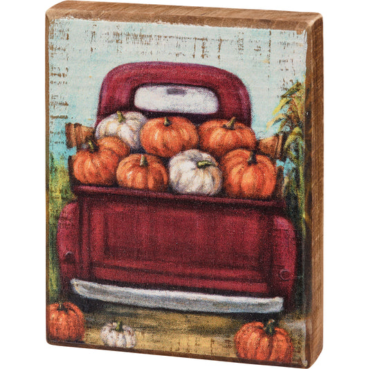 Block Sign - Red Truck And Pumpkins
